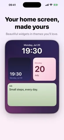 Wallby preview of an iPhone Home Screen with a clock widget, a date widget and a quote widget in soft themes