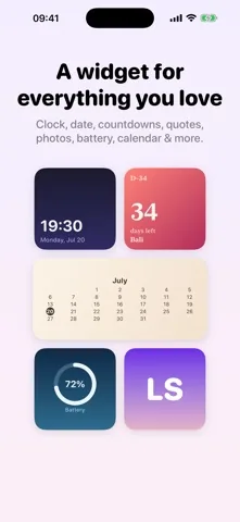 Wallby widget picker showing clock, countdown, calendar, battery and monogram widgets