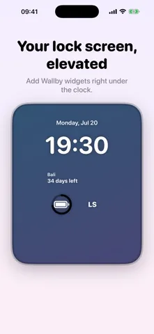 iPhone Lock Screen with Wallby date, countdown, battery and monogram widgets around the clock